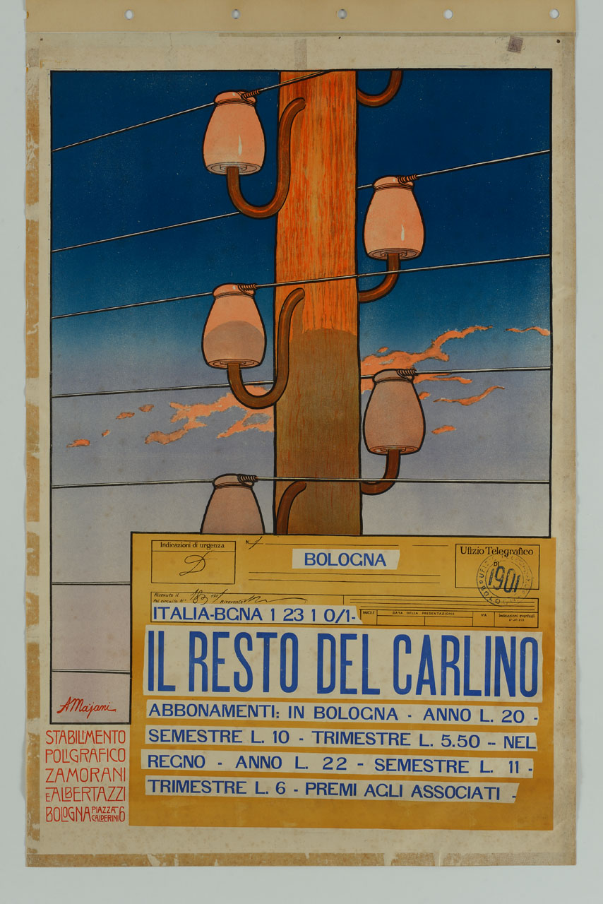 telegramma sullo sfondo di un palo del telegrafo (manifesto) di Majani Augusto detto Nasica (sec. XX)