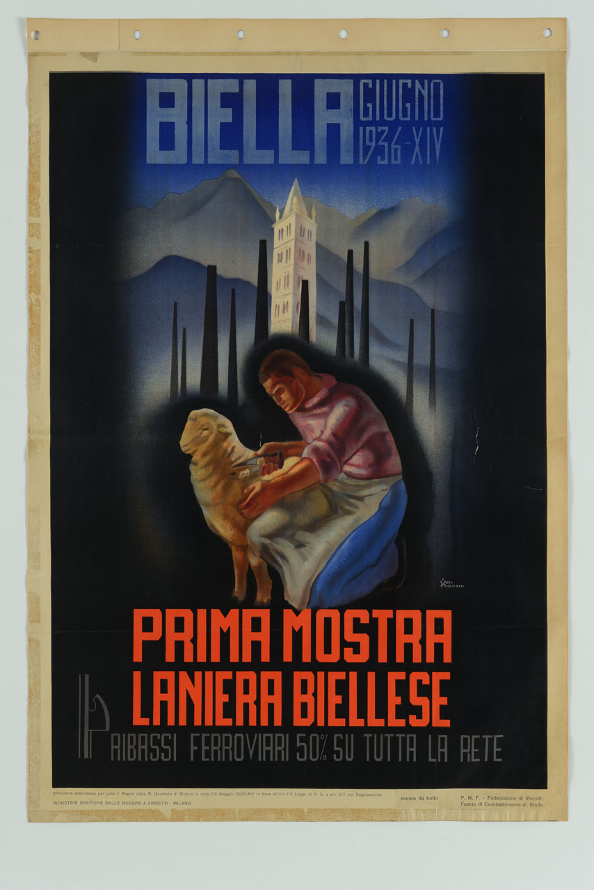 tosatore tosa una pecora sullo sfondo delle Alpi e del campanile di Biella (manifesto) di Migliorati Viero (sec. XX)