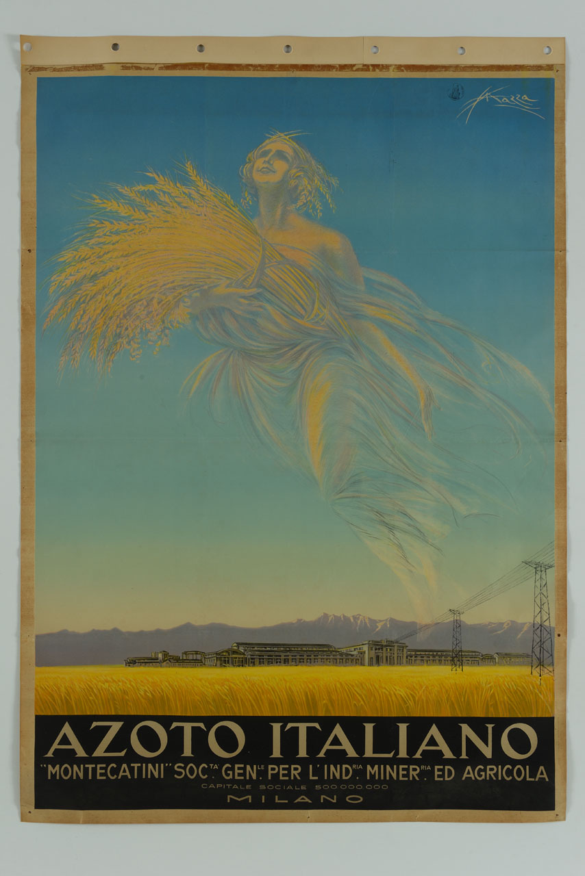 figura femminile con fascio di spighe volteggia eterea su un campo coltivato con uno stabilimento industriale (manifesto) di Mazza Aldo (sec. XX)
