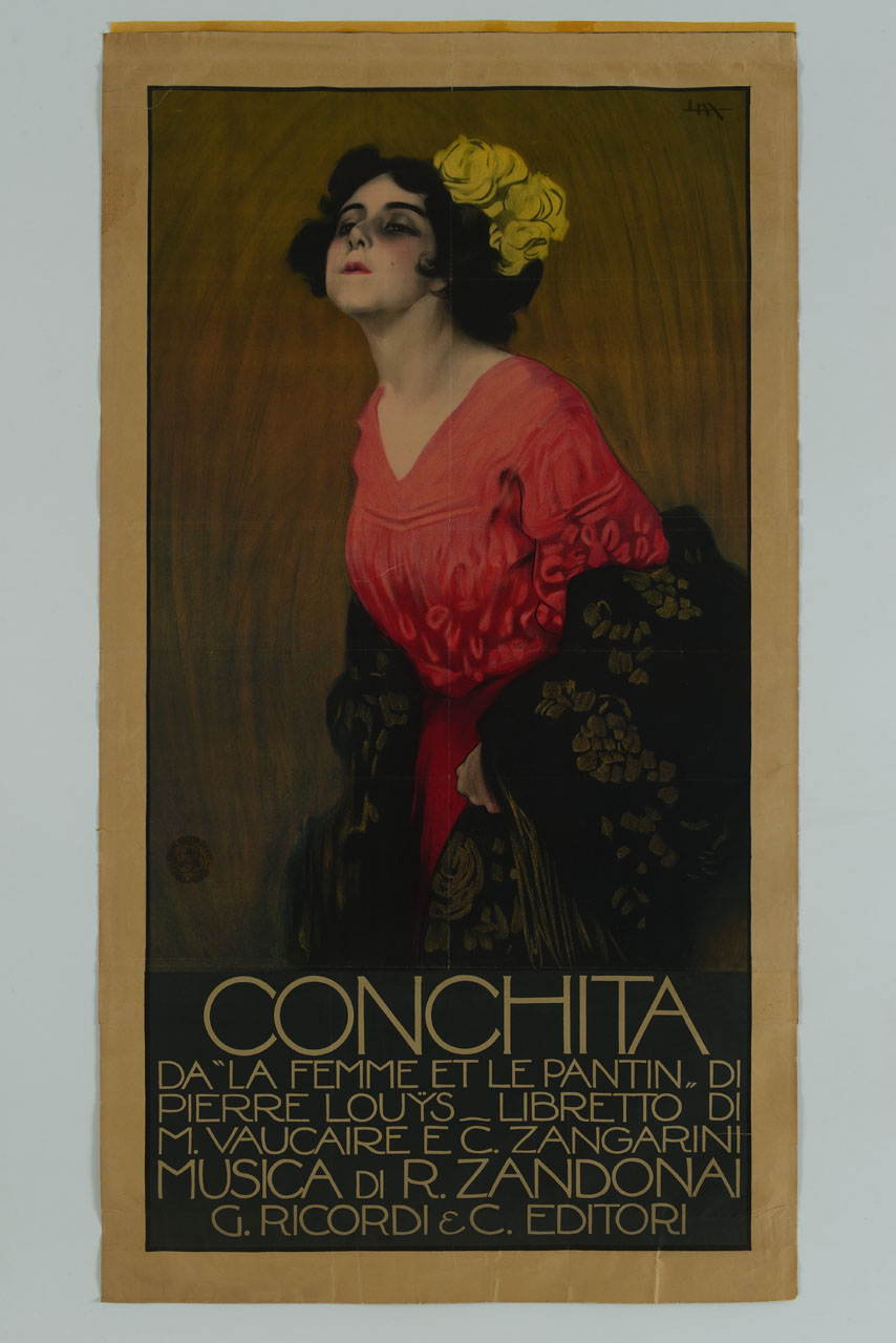 donna spagnola con abito rosso e fiori gialli in testa (manifesto, stampa composita) di Metlicovitz Leopoldo (sec. XX)