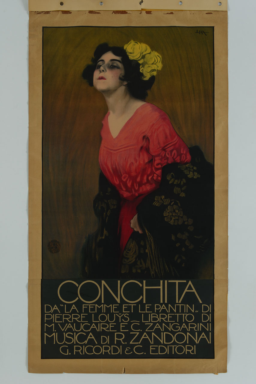 donna spagnola con abito rosso e fiori gialli in testa (manifesto, stampa composita) di Metlicovitz Leopoldo (sec. XX)