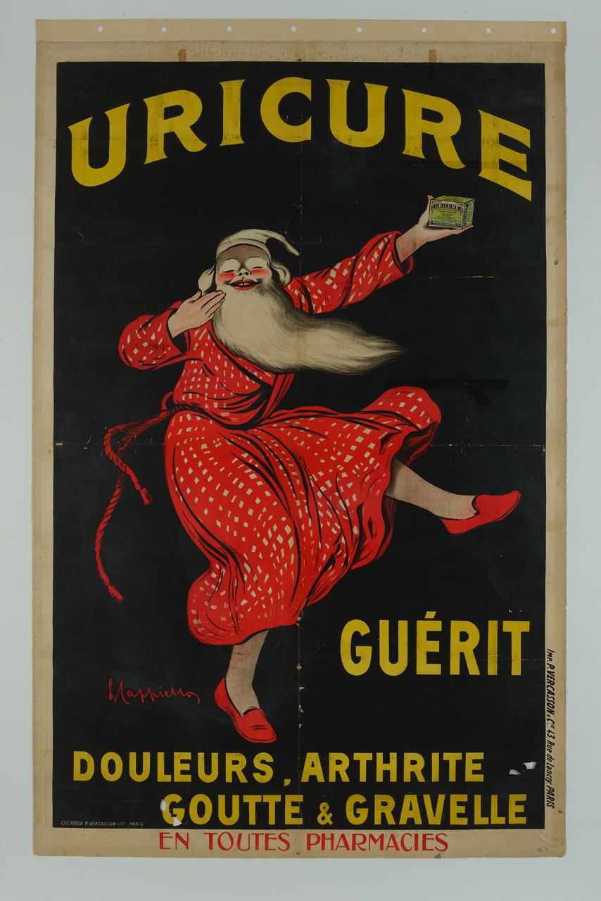 vecchio con lunga barba in vestaglia rossa e pantofole danza mostrando una scatola di Uricure (manifesto) di Cappiello Leonetto (sec. XX)