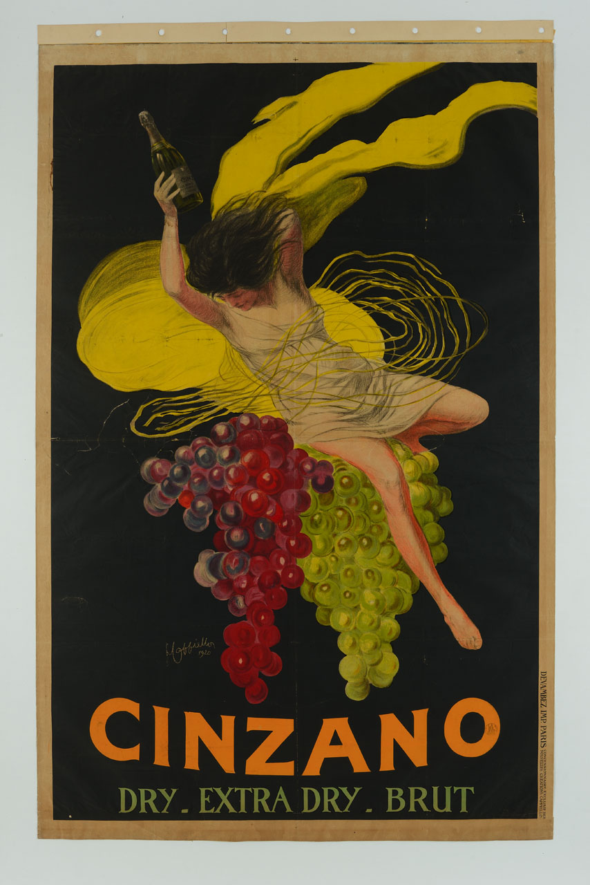 donna avvolta da veli con bottiglia di Cinzano seduta su grappoli d'uva (manifesto) di Cappiello Leonetto (sec. XX)