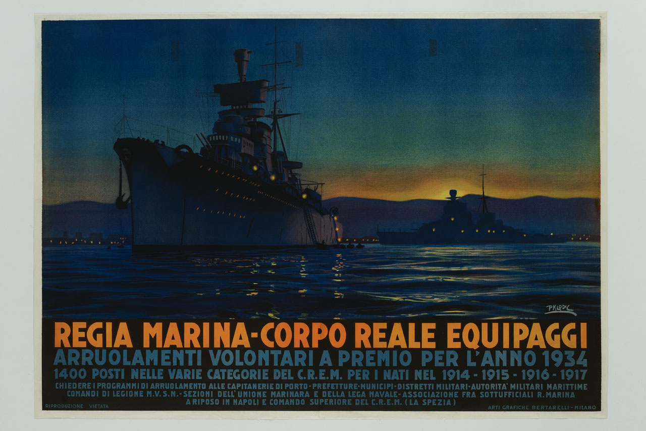 navi militari attraccate al tramonto nei pressi della costa (manifesto) di Klodic Paolo (sec. XX)