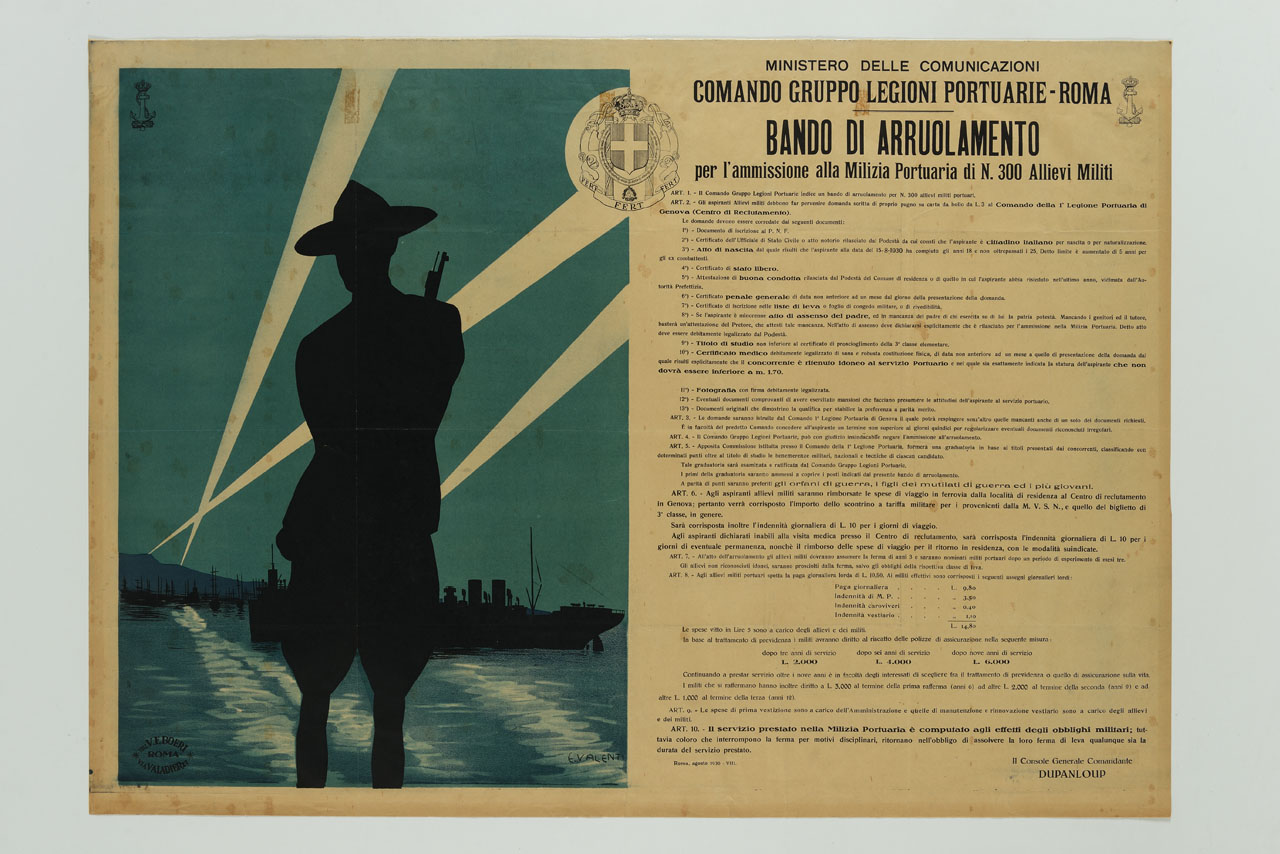 sagoma di soldato sullo sfondo di navi militari in mare (manifesto) di Valenti E. - ambito italiano (sec. XX)