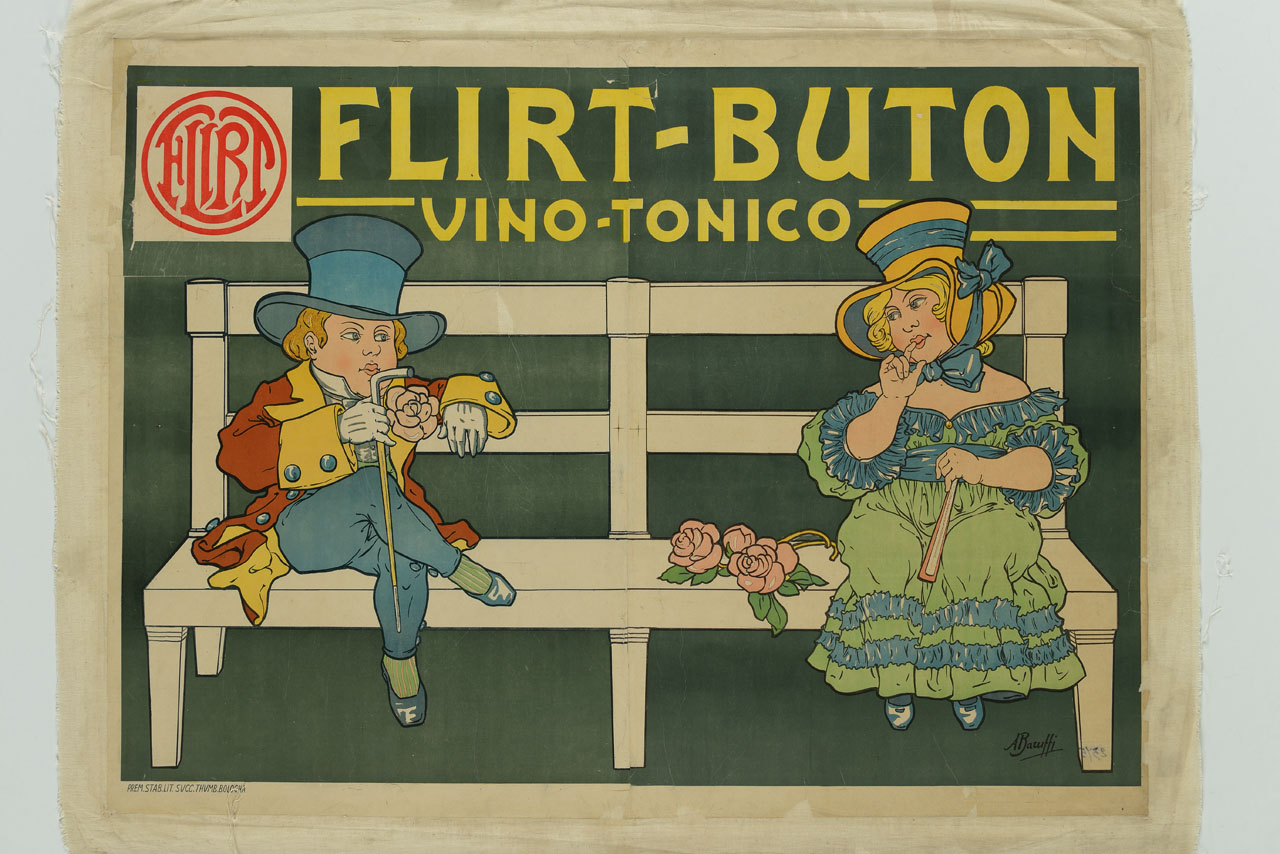uomo elegante corteggia una donna con cappello su una panchina (manifesto, stampa composita) di Baruffi Alfredo detto Barfredo (sec. XX)