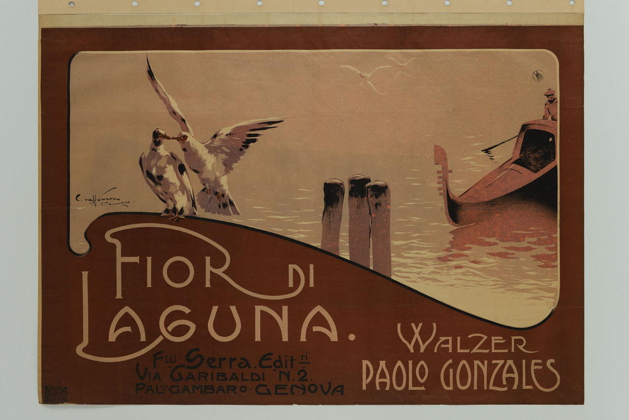 due gabbiani in primo piano e gondola con gondoliere (manifesto) di Craffonara Aurelio (sec. XX)