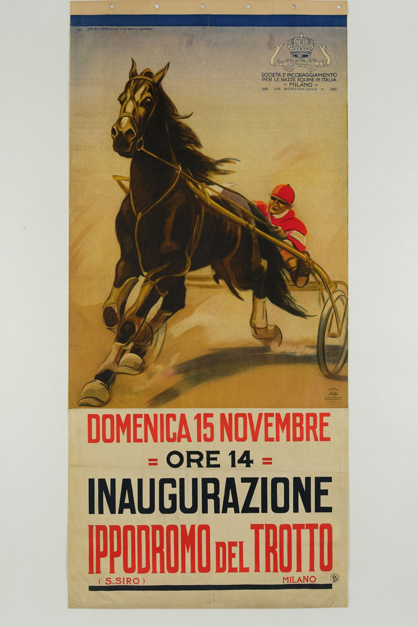 cavallo in corsa traina un sulky (manifesto, stampa composita) di Dudovich Marcello (prima metà sec. XX)