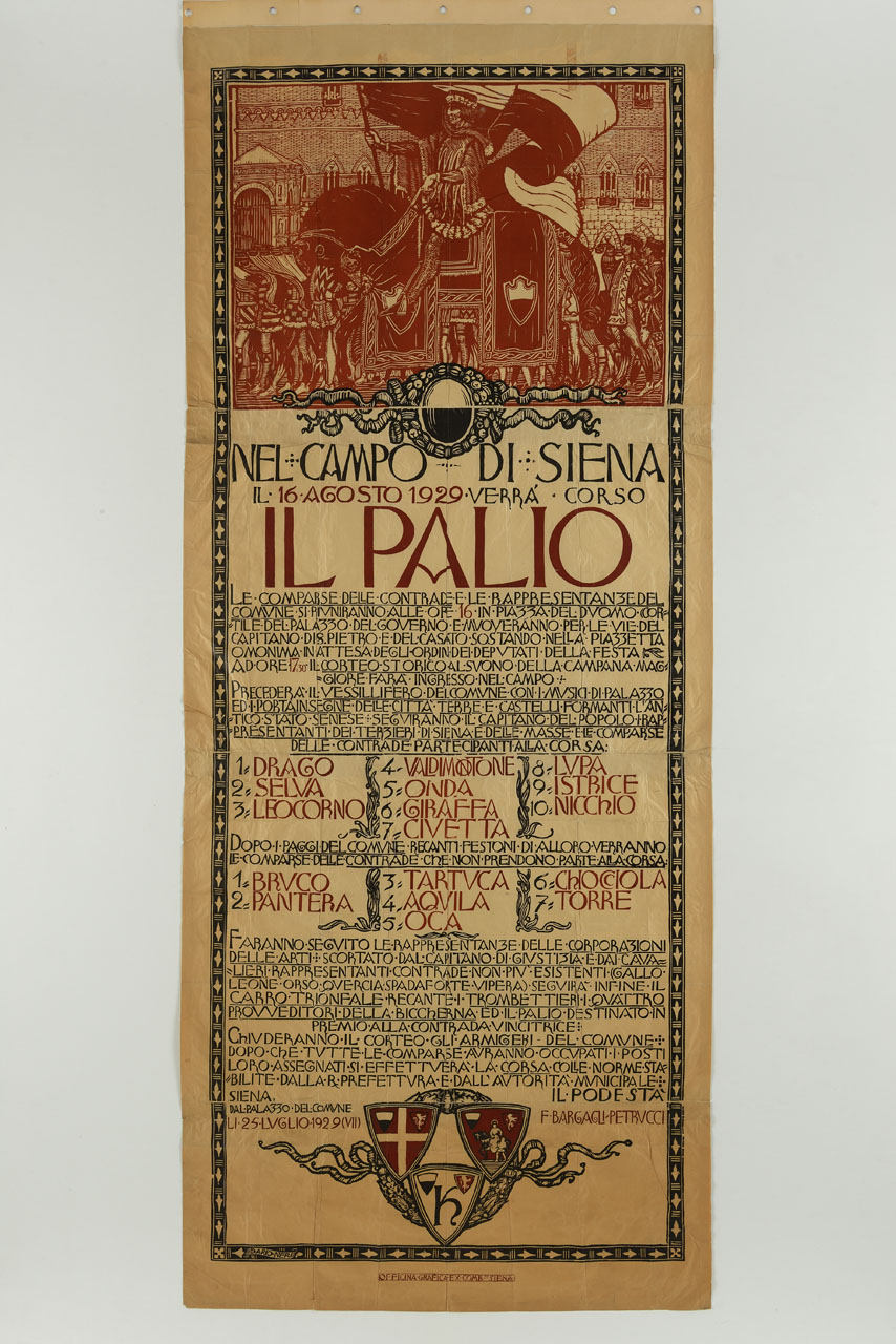 cavaliere vincitore sfila con il palio in piazza del Campo (manifesto, stampa composita) di Neri Dario (sec. XX)