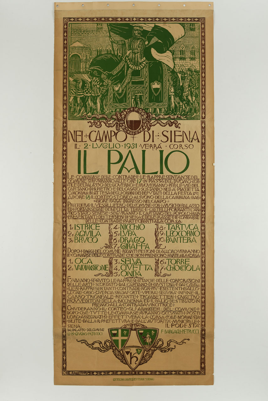 cavaliere vincitore sfila con il palio in piazza del Campo (manifesto, stampa composita) di Neri Dario (sec. XX)