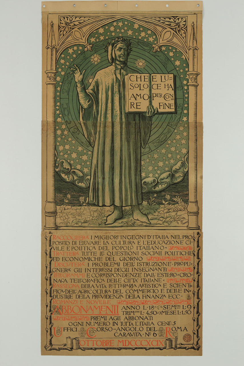 Dante Alighieri con la Divina Commedia (manifesto, stampa composita) - ambito italiano (sec. XIX)