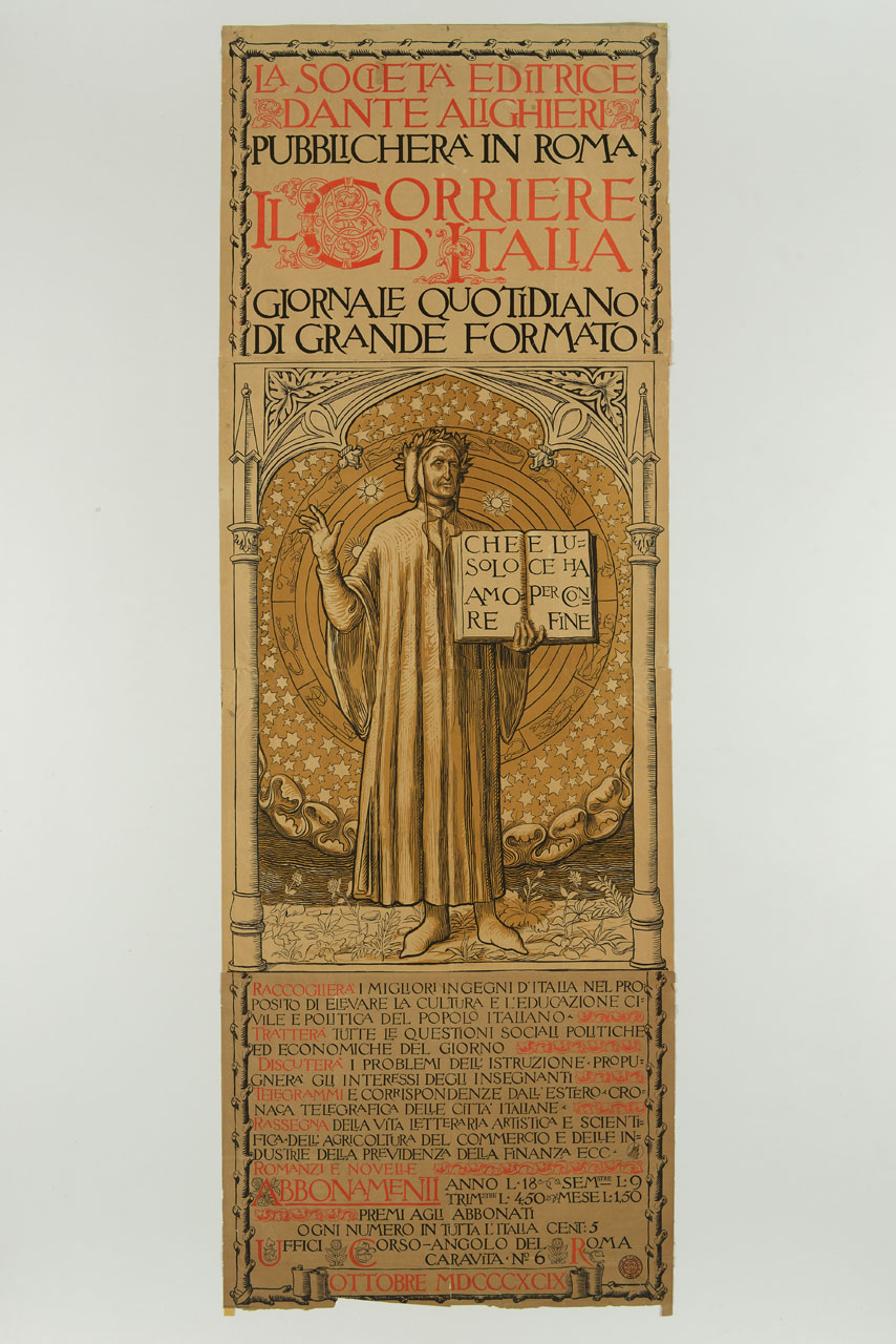 Dante Alighieri con la Divina Commedia (manifesto, stampa composita) - ambito italiano (sec. XIX)