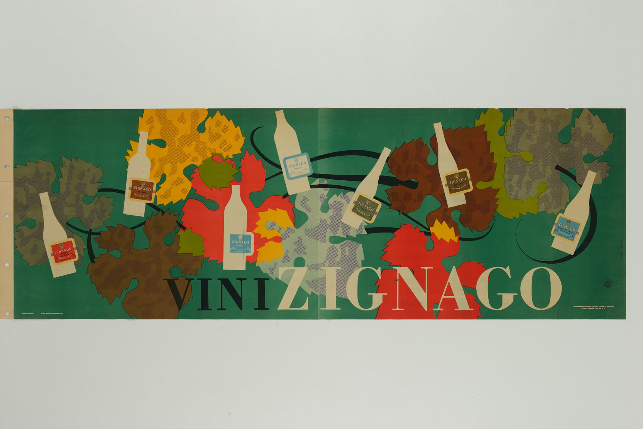 foglie di vite e bottiglie di vino (manifesto, stampa composita) di Carboni Erberto detto Lince (sec. XX)