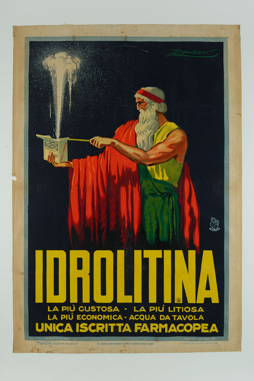 Mosè con una bacchetta fa scaturire acqua da una scatola con polvere di Idrolitina (manifesto) di Mauzan Achille Luciano, MAGA (sec. XX)