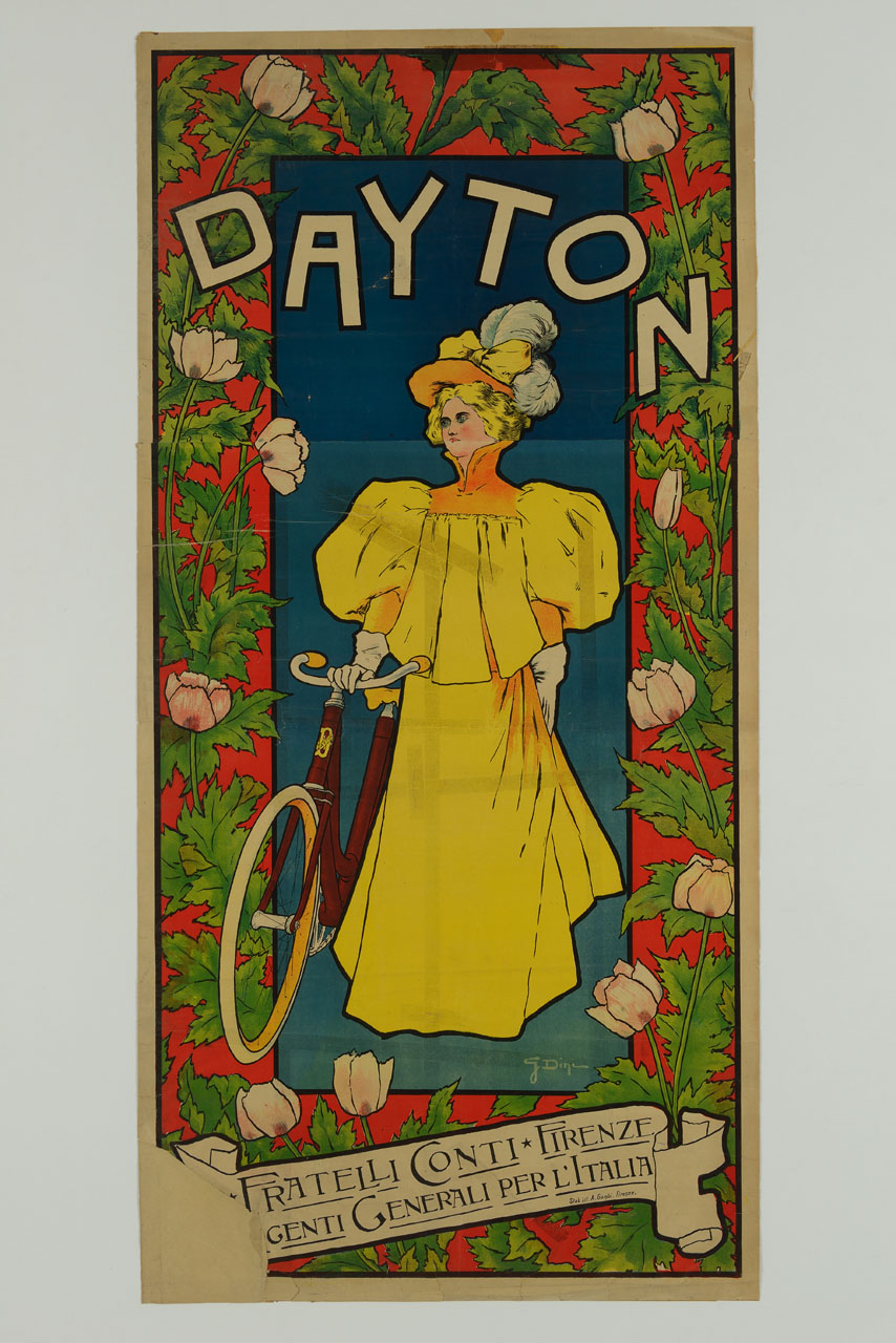 donna con bicicletta (manifesto, stampa composita) di Dini G - ambito italiano (secc. XIX/ XX)