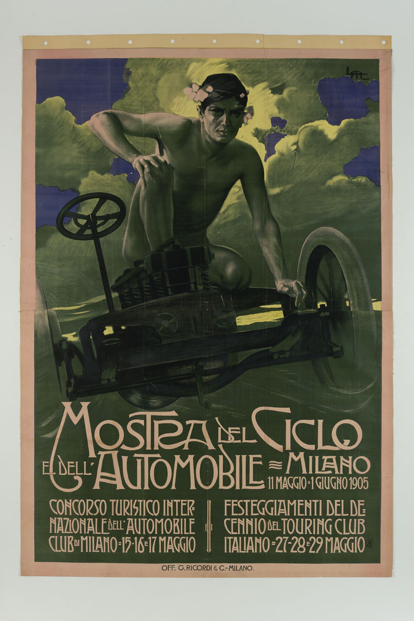 un uomo viaggia su un velocipedo sullo sfondo di un cielo nuvoloso (manifesto, stampa composita) di Metlicovitz Leopoldo (sec. XX)