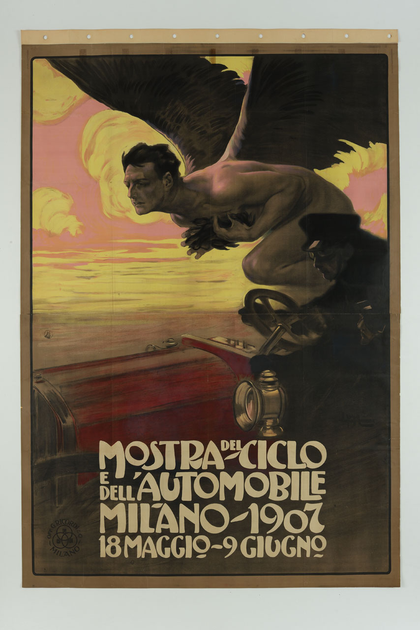 un uomo viaggia in automobile sovrastato da una figura alata (manifesto, stampa composita) di Metlicovitz Leopoldo (sec. XX)