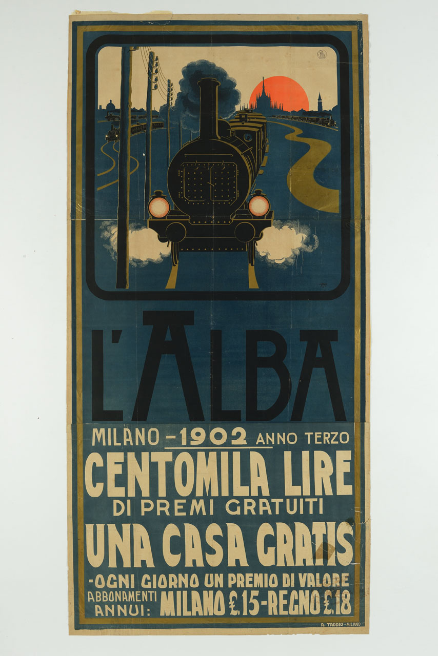 treni in corsa con lo sfondo di Milano all'alba (manifesto, stampa composita) di Taddio Arturo (sec. XX)