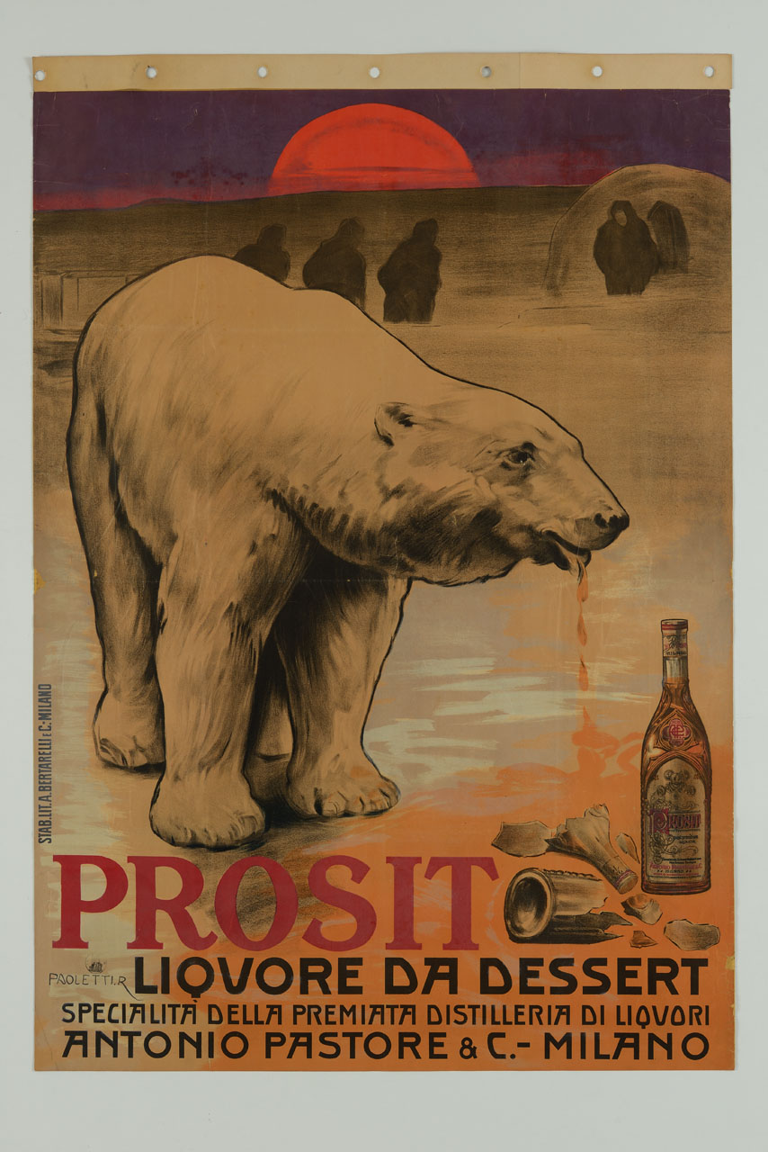 orso polare lecca il liquore da una bottiglia rotta (manifesto) di Paoletti Rodolfo (prima metà sec. XX)