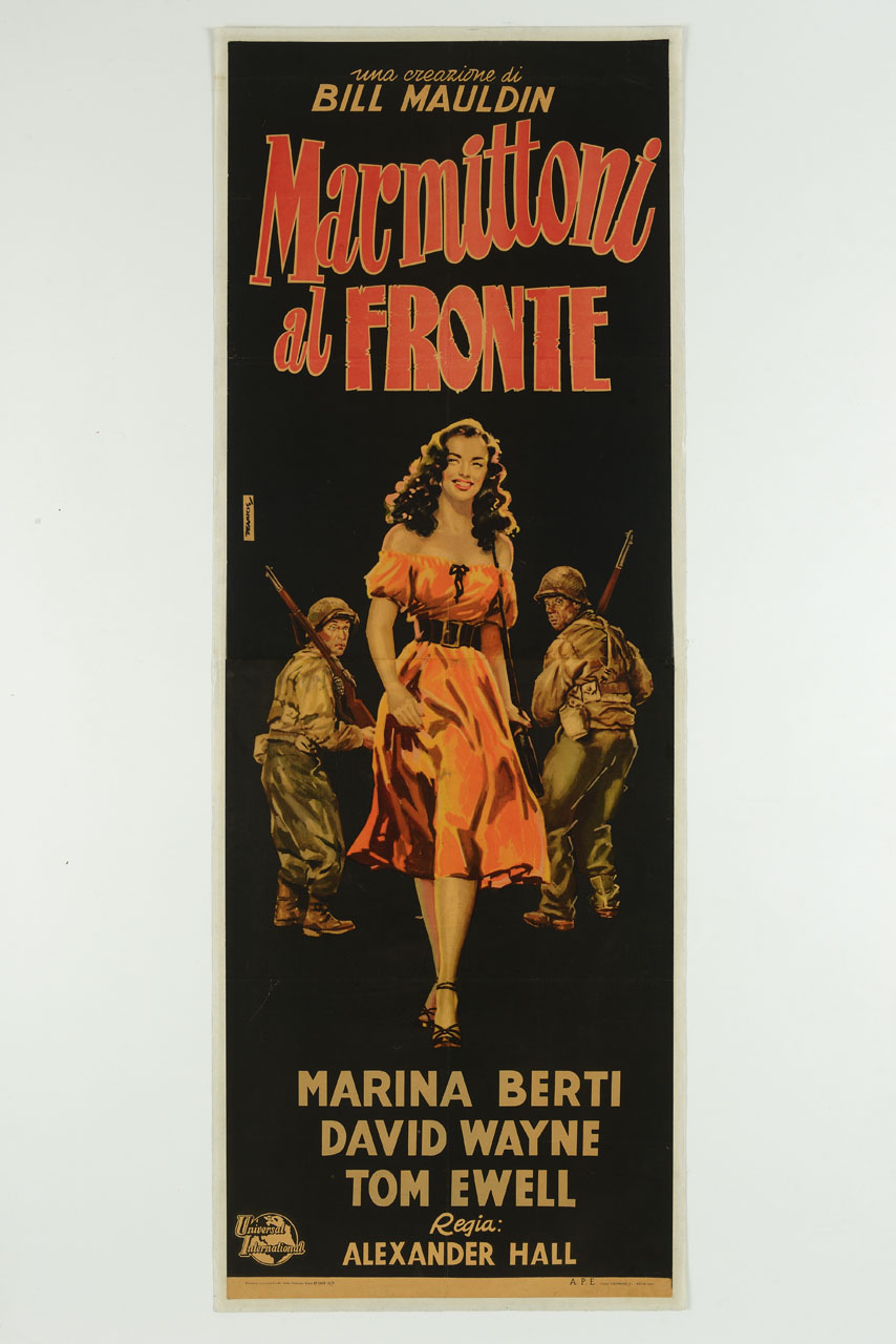 due militari ammirano una bella donna (manifesto, stampa composita) di Deamicis - ambito italiano (sec. XX)