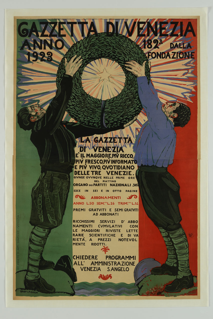 due uomini sollevano una corona d'alloro (manifesto, stampa composita) di Cadorin Guido (sec. XX)