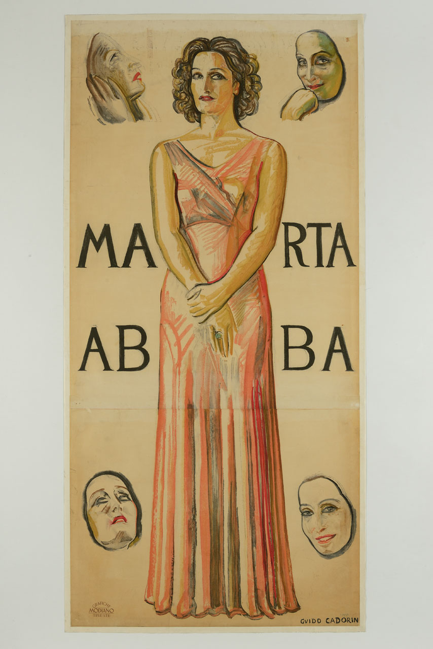 ritratto a figura intera di donna con abito lungo (manifesto, stampa composita) di Cadorin Guido (sec. XX)
