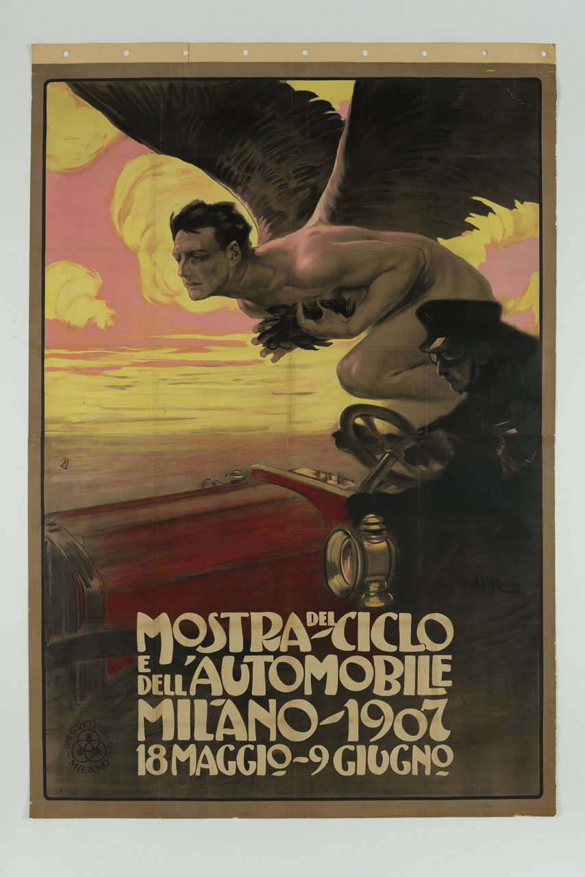 un uomo viaggia in automobile sovrastato da una figura alata (manifesto, stampa composita) di Metlicovitz Leopoldo (sec. XX)