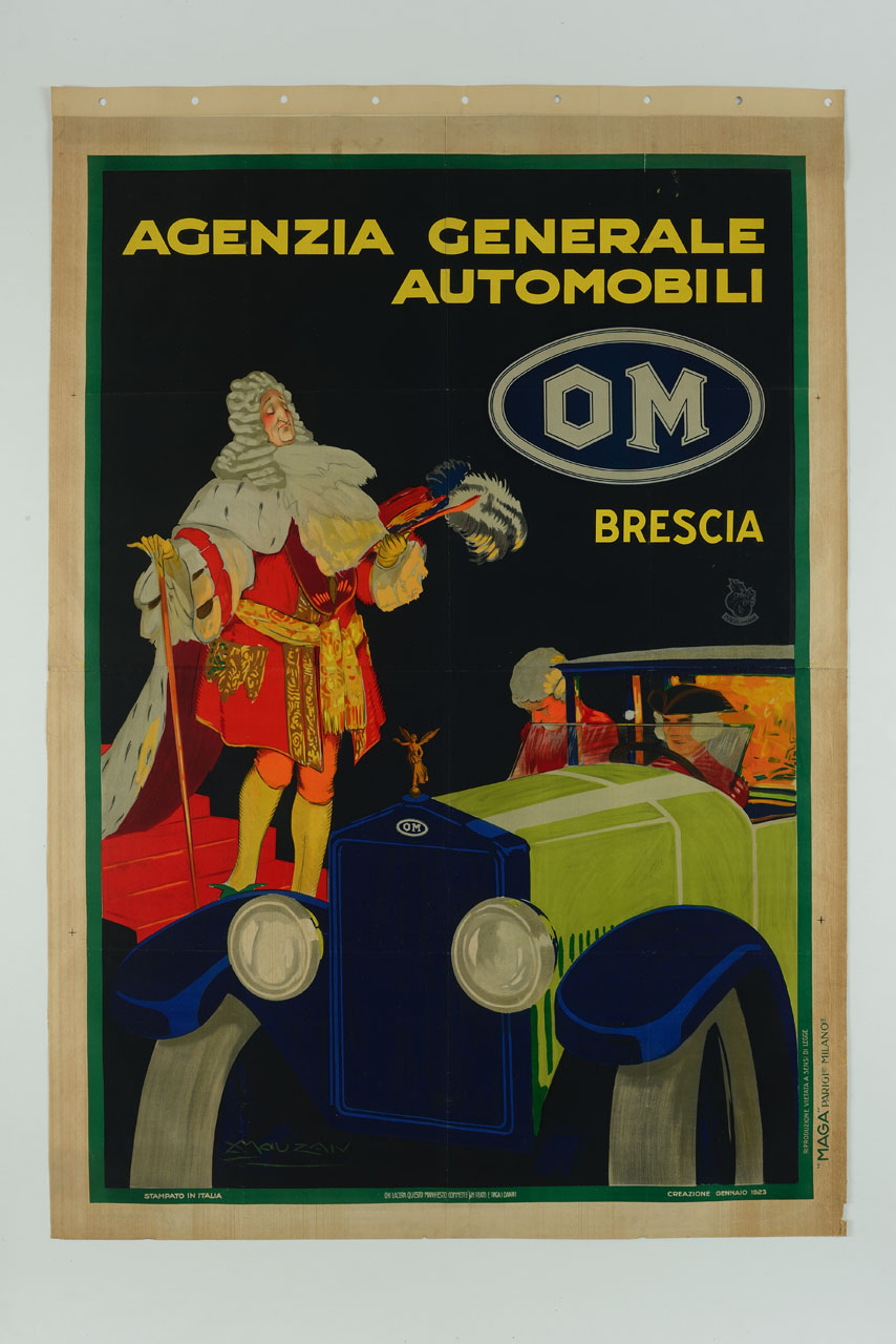 Re si appresta a salire su un’automobile sotto lo sguardo di un valletto (manifesto, stampa composita) di Mauzan Achille Luciano, MAGA (sec. XX)