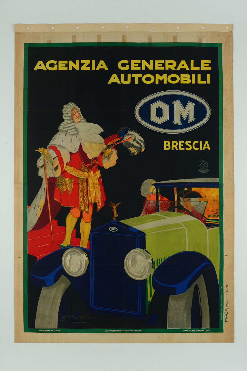 Re si appresta a salire su un’automobile sotto lo sguardo di un valletto (manifesto, stampa composita) di Mauzan Achille Luciano, MAGA (sec. XX)