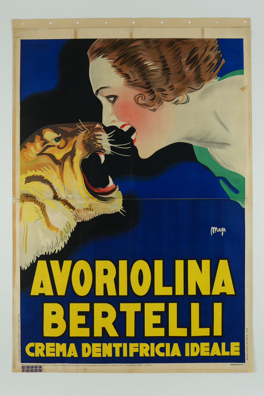 tigre e donna si affrontano mostrando i denti (manifesto, stampa composita) di Mauzan Achille Luciano, MAGA (sec. XX)