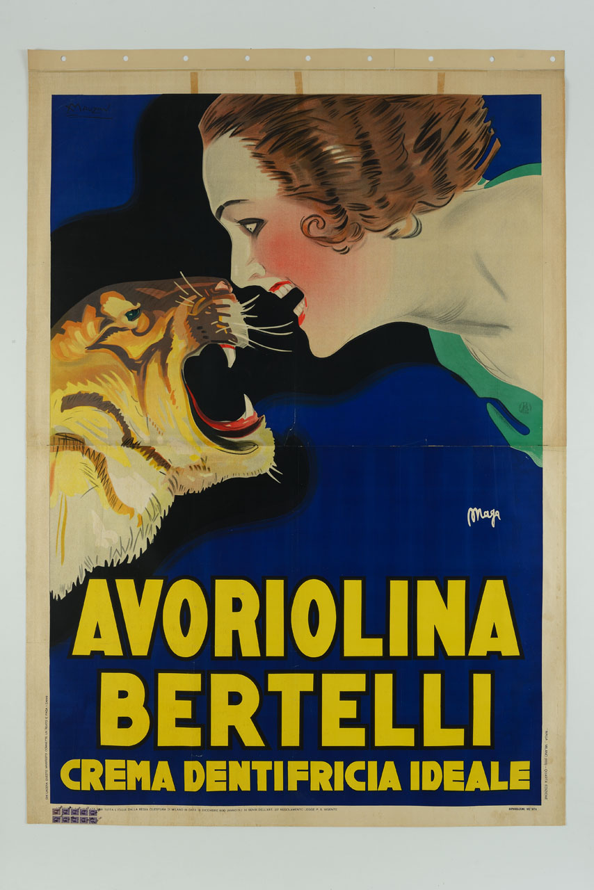 tigre e donna si affrontano mostrando i denti (manifesto, stampa composita) di Mauzan Achille Luciano, MAGA (sec. XX)