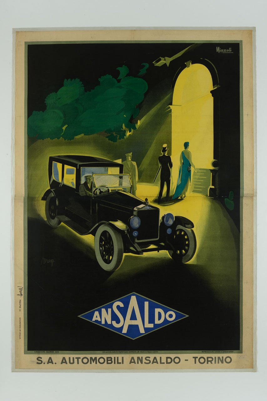 automobile con autista davanti ad un edificio illuminato con coppia in cammina (manifesto, stampa composita) di Nizzoli Marcello, MAGA (sec. XX)