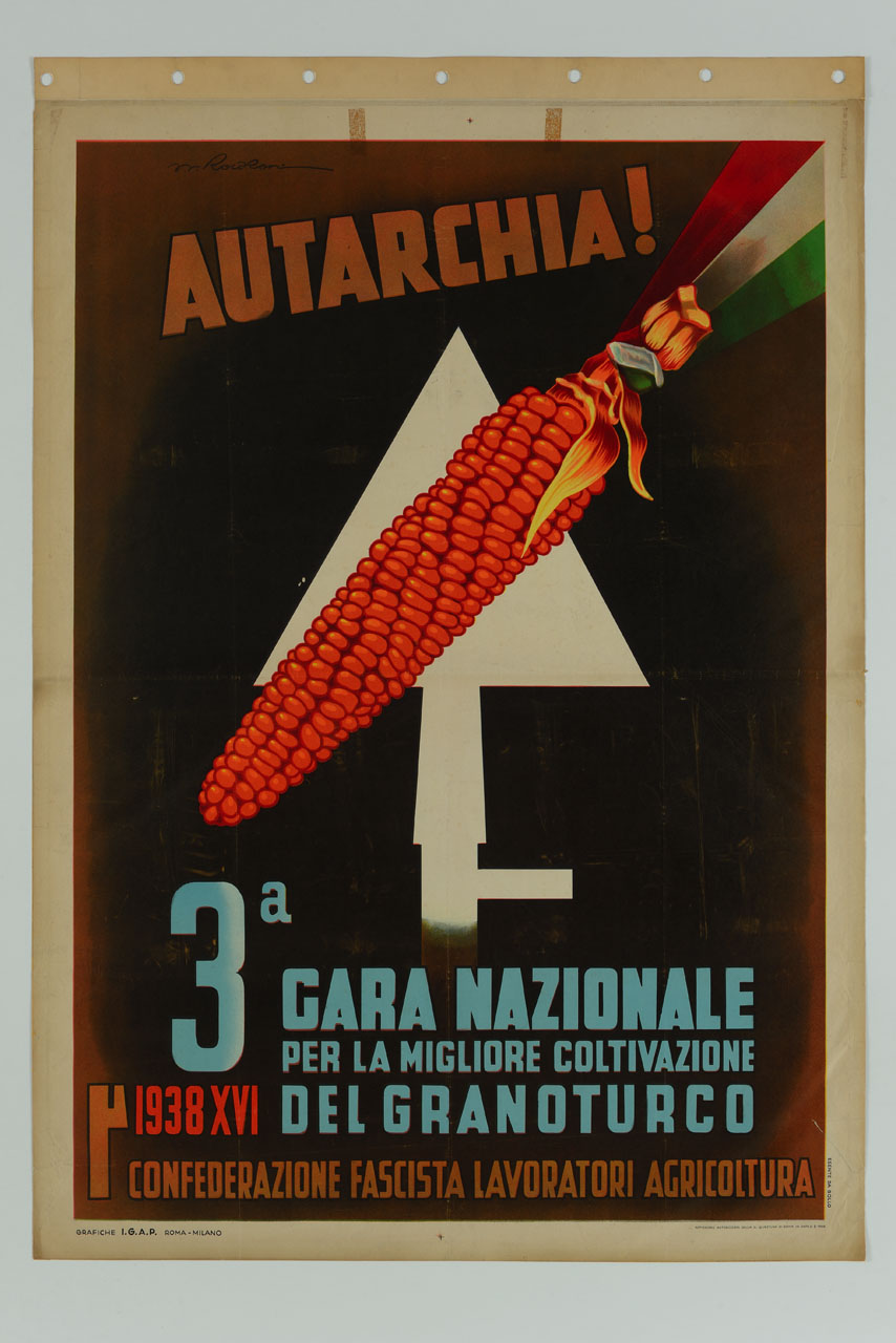 pannocchia di mais legata con il tricolore sullo sfondo di una vanga stilizzata (manifesto) di Roveroni Walter (sec. XX)