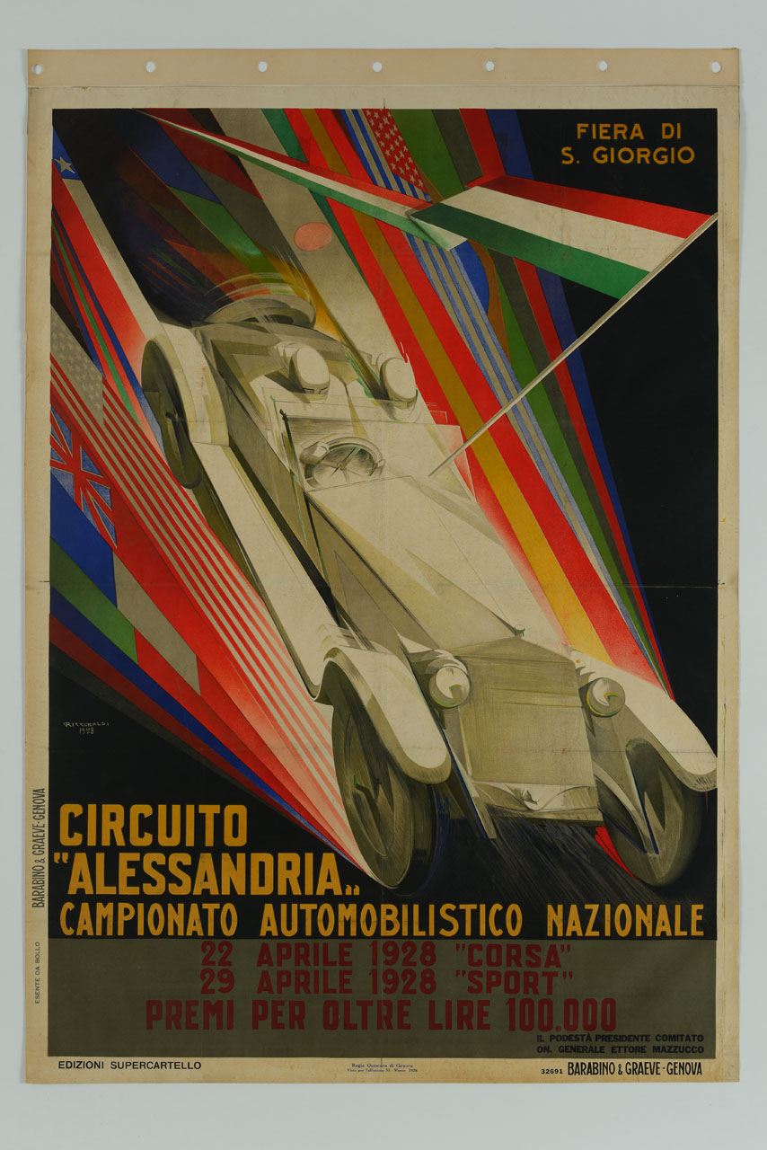 automobile da corsa sfreccia con il tricolore innalzato tra scie di bandiere (manifesto) di Riccobaldi Del Bava Giuseppe (sec. XX)