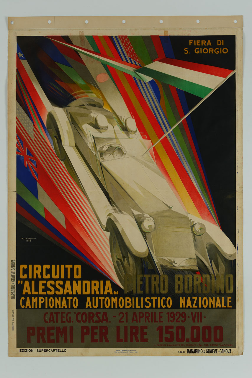 automobile da corsa sfreccia con il tricolore innalzato tra scie di bandiere (manifesto) di Riccobaldi Del Bava Giuseppe (sec. XX)