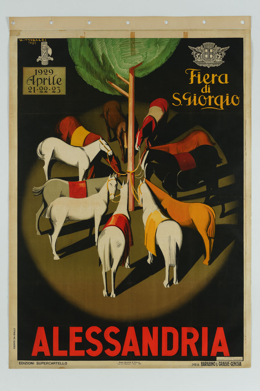 cavalli legati a un albero disposti in circolo (manifesto) di Riccobaldi Del Bava Giuseppe (sec. XX)