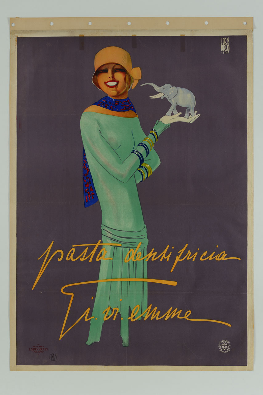 donna sorridente in abito elegante con un elefante sul palmo della mano (manifesto) di Riccio Loris (sec. XX)