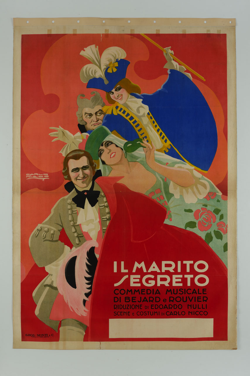 uomini in costume settecentesco circondano una donna con una maschera in mano (manifesto) di Nicco Carlo Emilio (sec. XX)