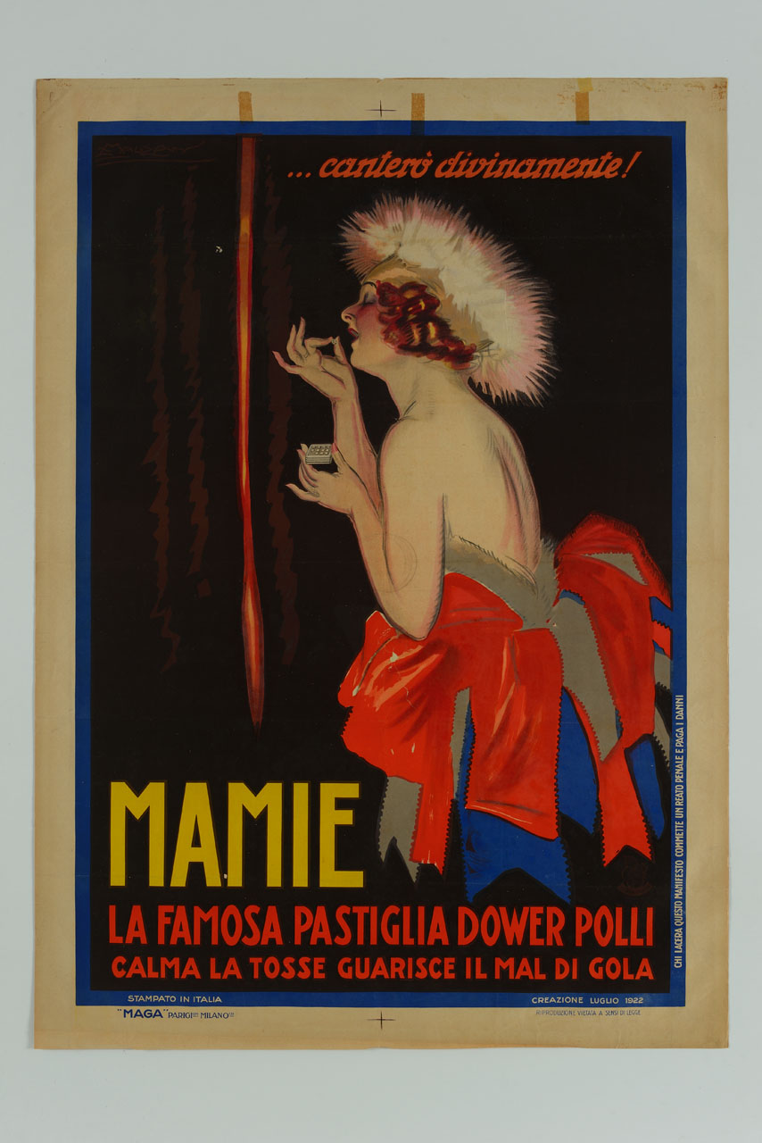 cantante dietro le quinte in costume di scena prende una pastiglia (manifesto) di Mauzan Achille Luciano, MAGA (sec. XX)
