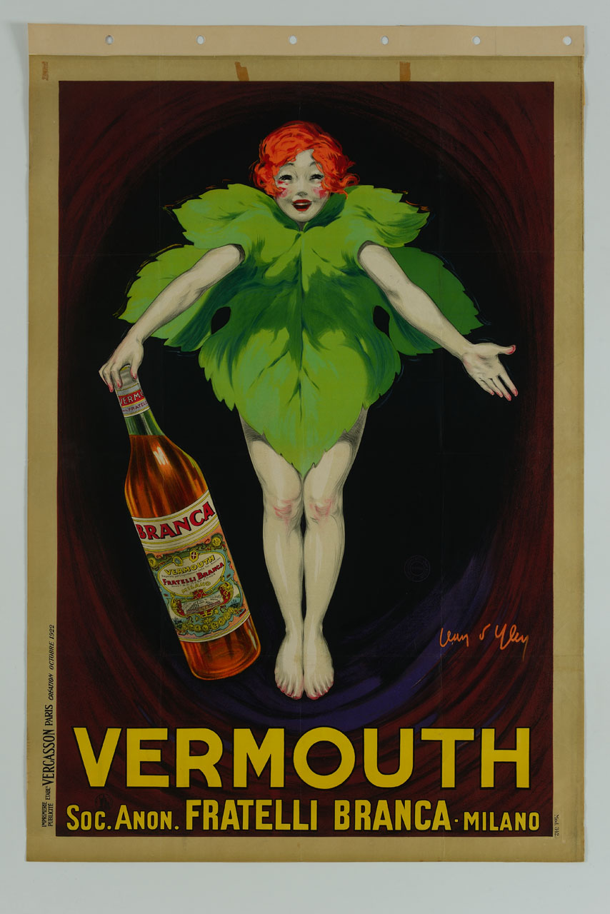donna sorridente vestita con una foglia di vite regge una bottiglia (manifesto) di D'Ylen Jean (sec. XX)