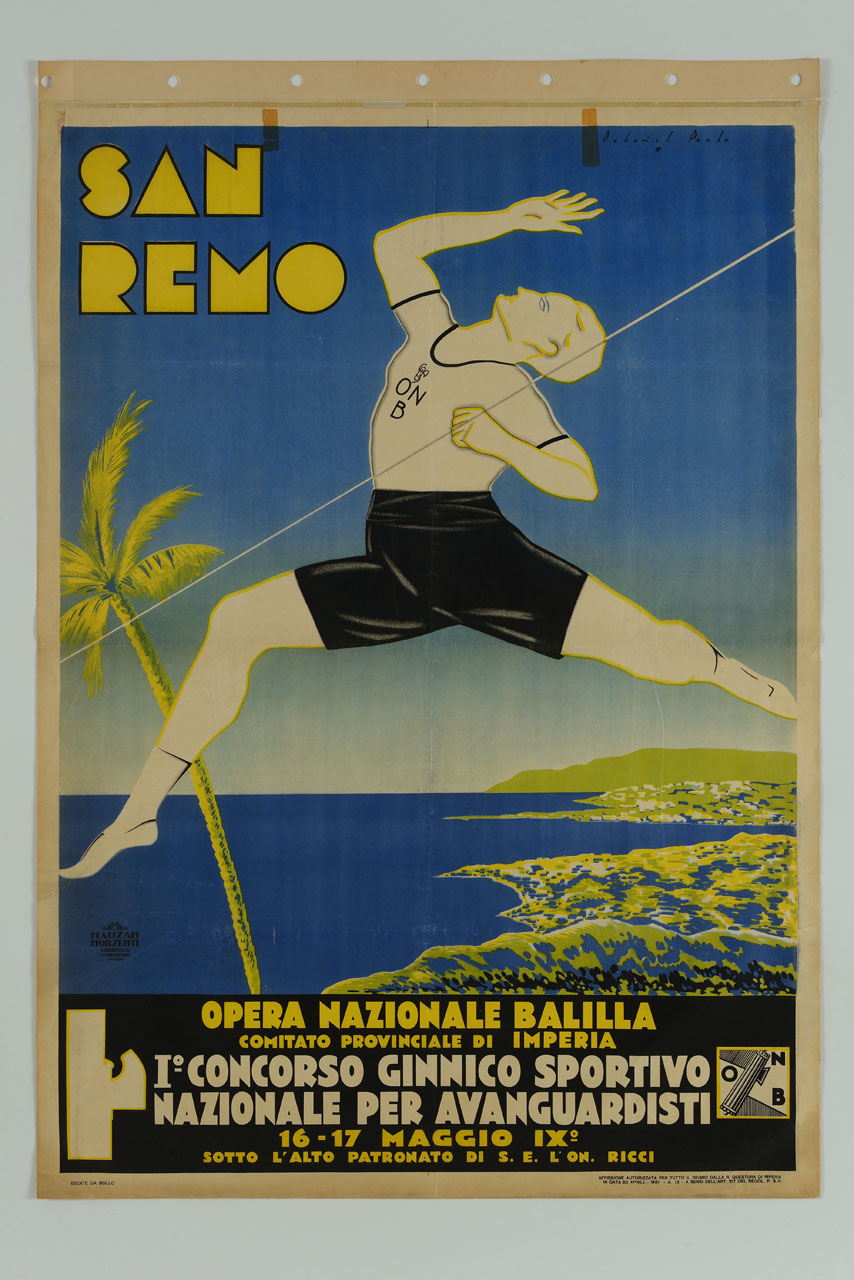 atleta slanciato in un salto in alto sullo sfondo della Riviera ligure (manifesto) di Dabovich Giorgio, Penko Piero (sec. XX)