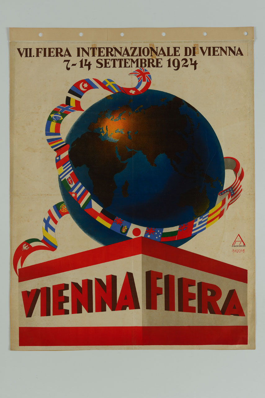 globo terrestre avvolto da nastro con bandiere (manifesto) di Fischinger August (sec. XX)