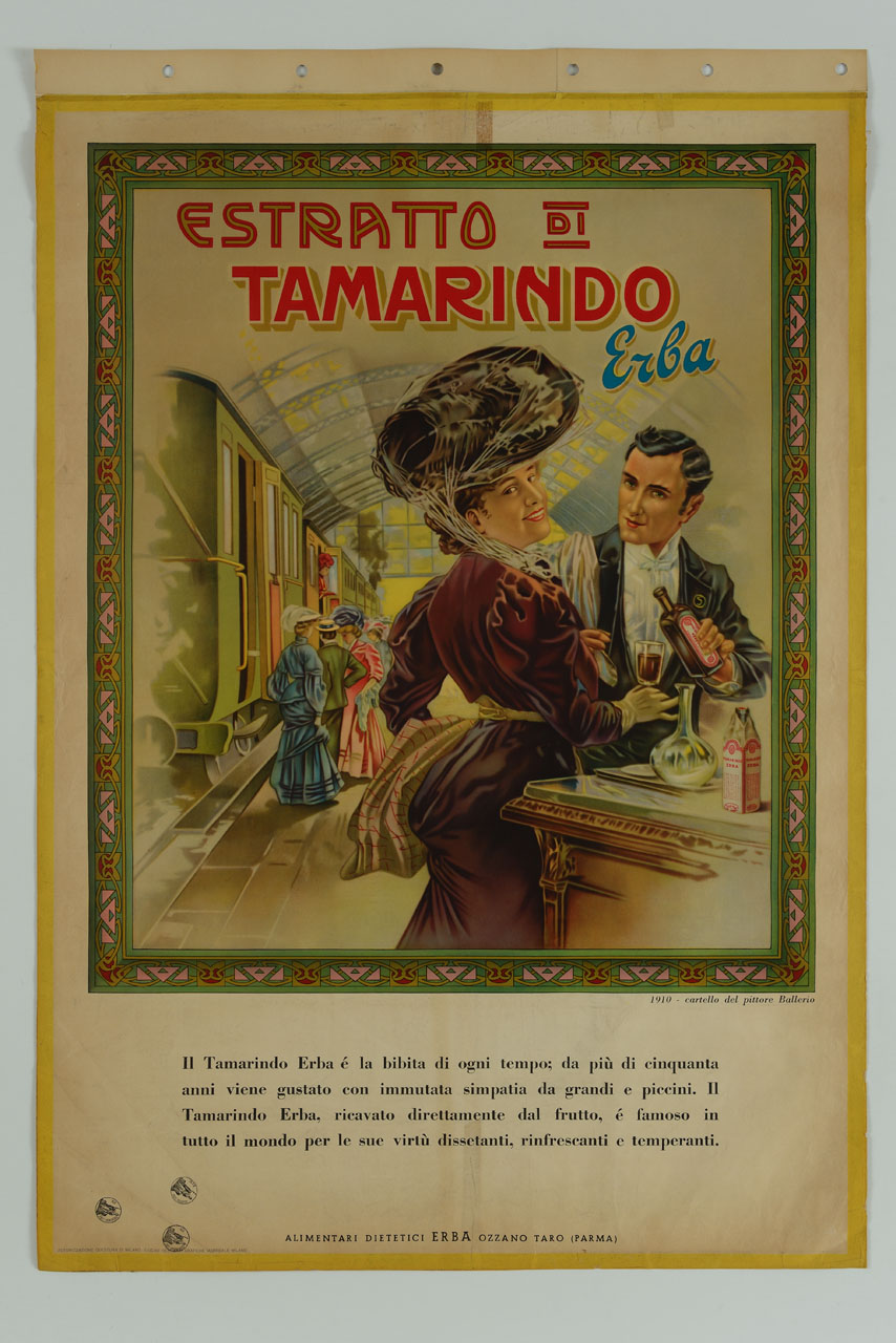 scritte e riproduzione di un manifesto di Osvaldo Ballerio con coppia a un banco di caffetteria in una stazione ferroviaria (manifesto) - ambito lombardo (sec. XX)