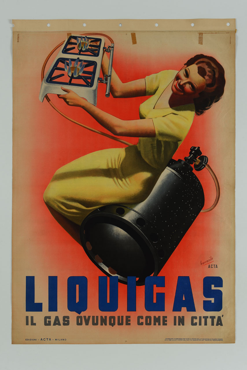 donna sorridente regge un fornello a gas seduta su una bombola (manifesto) di Boccasile Gino, ACTA (sec. XX)