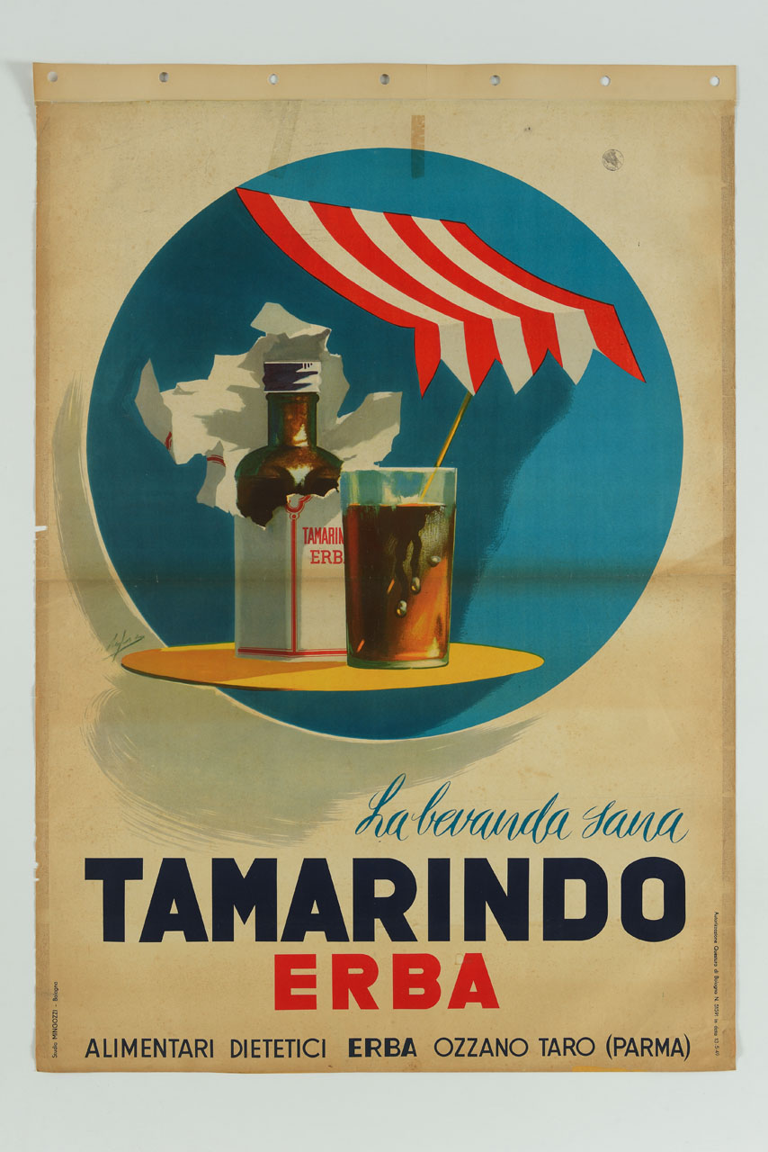 bottiglia con bicchiere di tamarindo sotto una tenda da sole entro cerchio azzurro (manifesto) di Castiglioni Romolo (sec. XX)