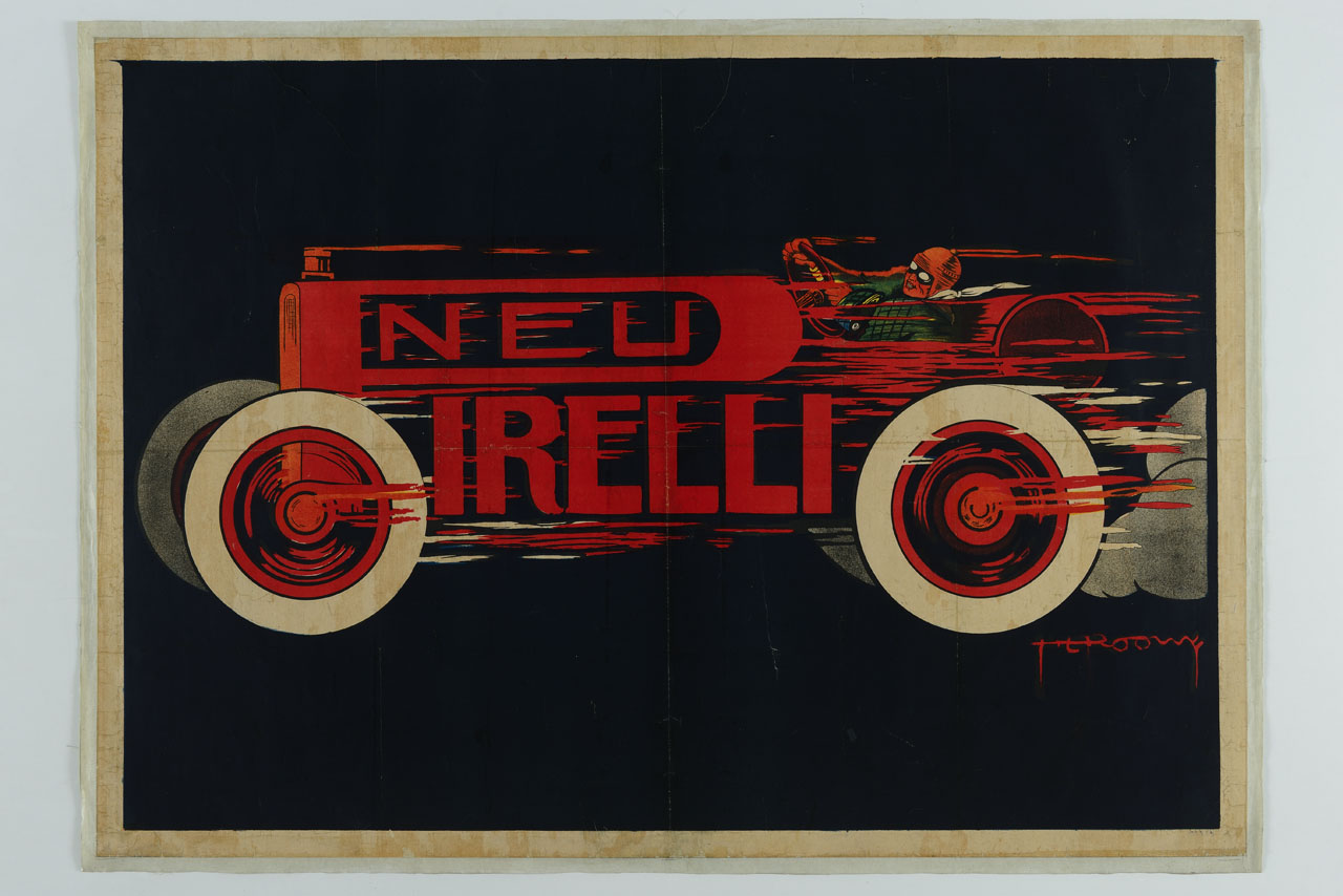 la scritta Pneu Pirelli disegna un'auto da corsa a grande velocità (manifesto) di Roowy H. L - ambito francese (sec. XX)