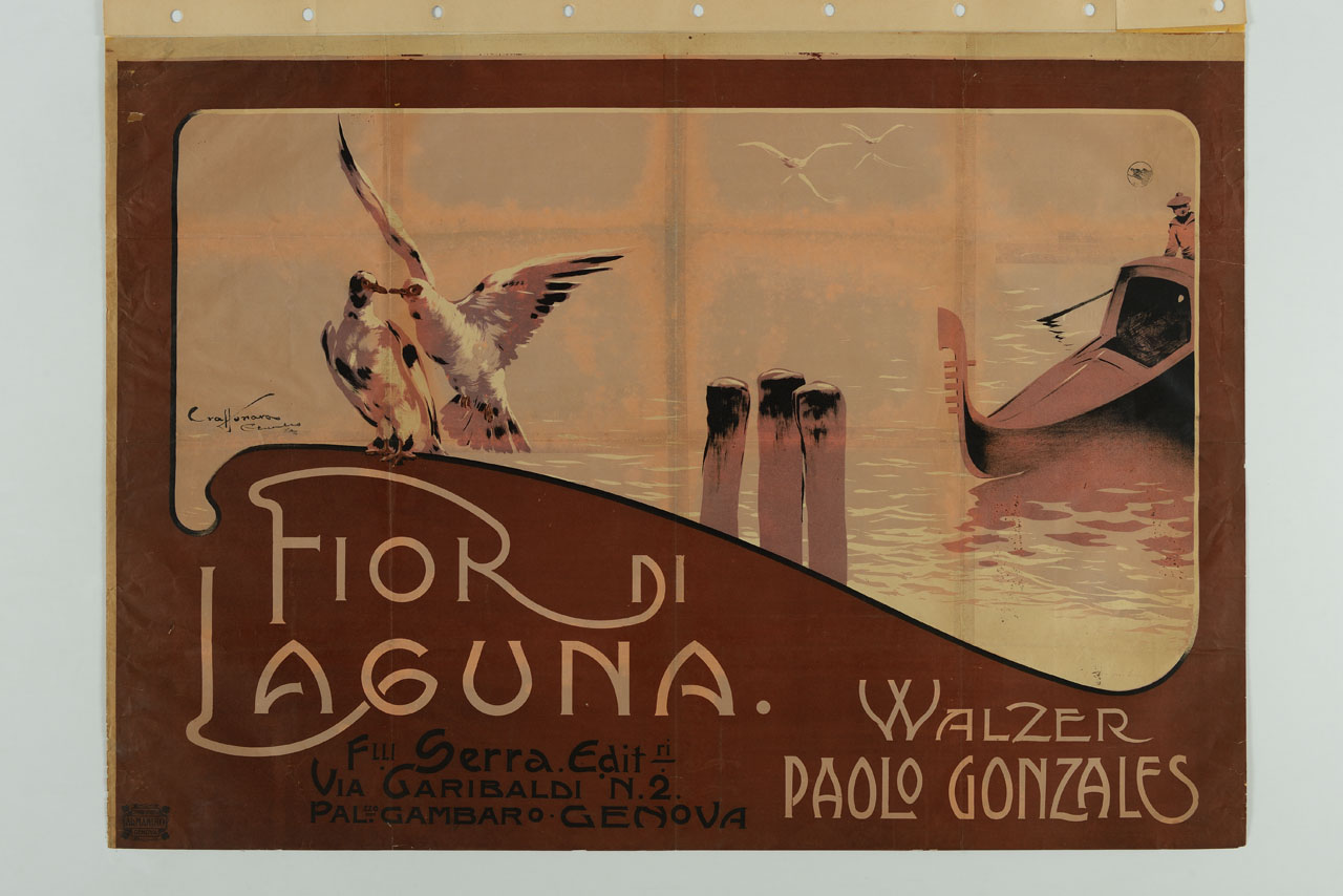 due gabbiani vicini, briccole e una gondola (manifesto) di Craffonara Aurelio (sec. XX)