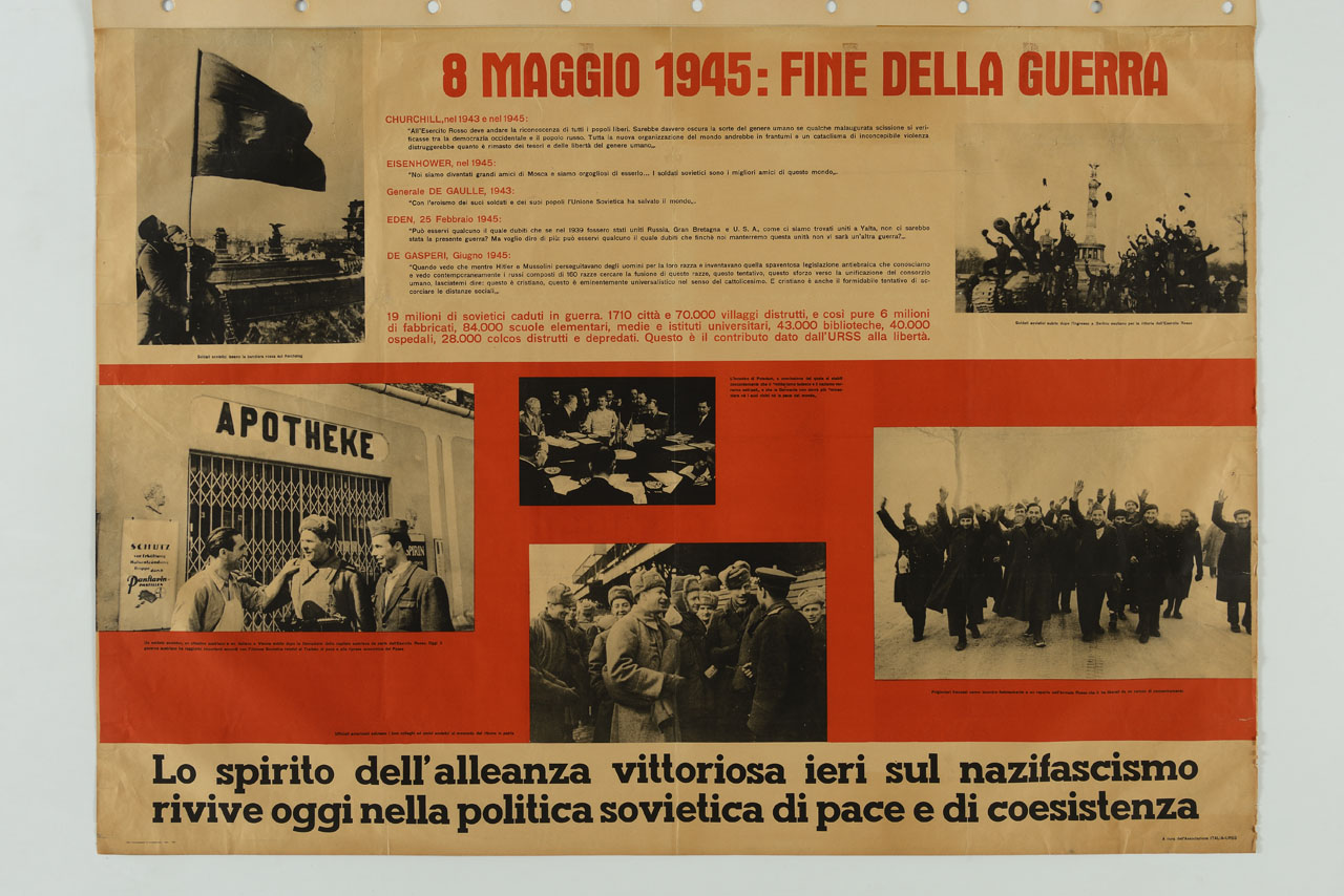 sei riquadri illustrano immagini del contributo sovietico alla fine della Seconda Guerra Mondiale (manifesto) - ambito italiano (sec. XX)