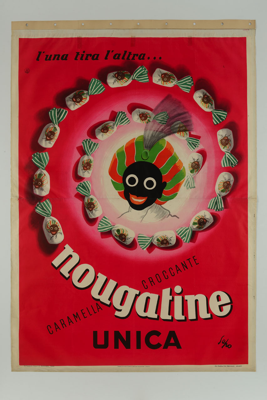 fila di caramelle forma una spirale intorno a un volto di colore con turbante (manifesto, stampa composita) di Pozzati Severo detto Sepo (sec. XX)