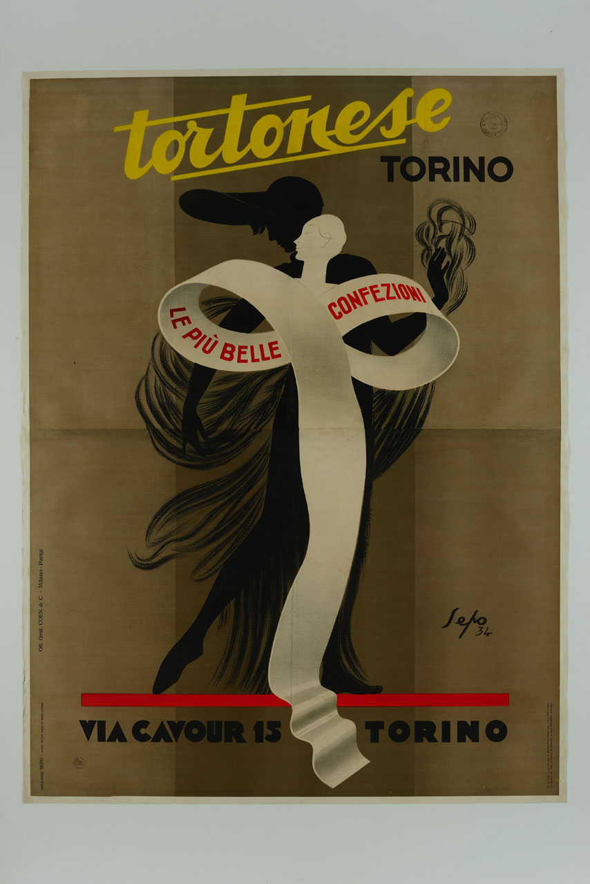 nastro sospeso stilizza una figura di donna sullo sfondo di silhouette con veli (manifesto, stampa composita) di Pozzati Severo detto Sepo (sec. XX)